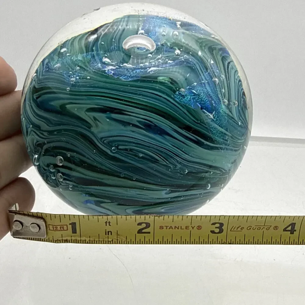 Signed Blue Green Swirl Art Glass Paperweight Control Bubbles Metallic Accents
